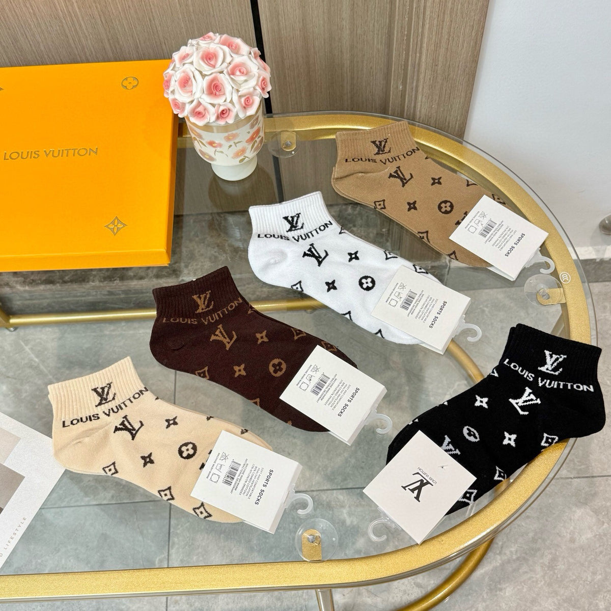Louis Vuitton Earthy Black White Repeating Motifs Crew Socks, image 8