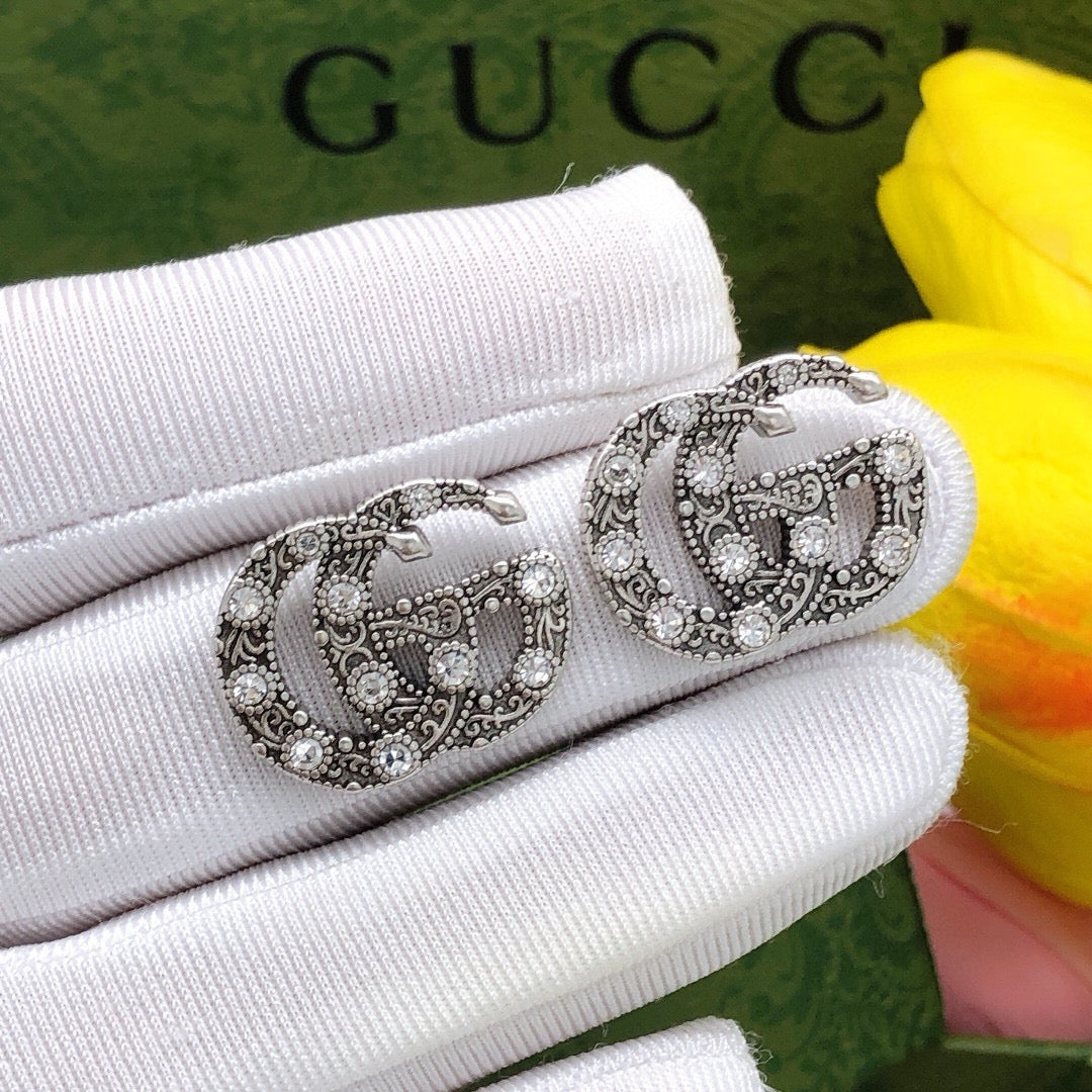 Gucci Double G Crystal Vintage-Inspired Silver-Tone Stud Earrings - image 4