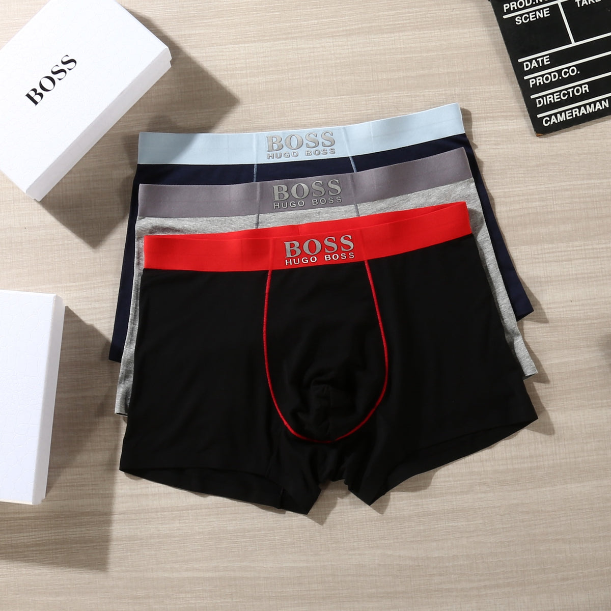 BOSS Black Red Blue Waist Contrast Seam Boxer Briefs, image 1