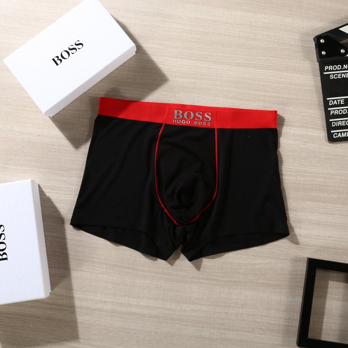 BOSS Black Red Blue Waist Contrast Seam Boxer Briefs, image 8
