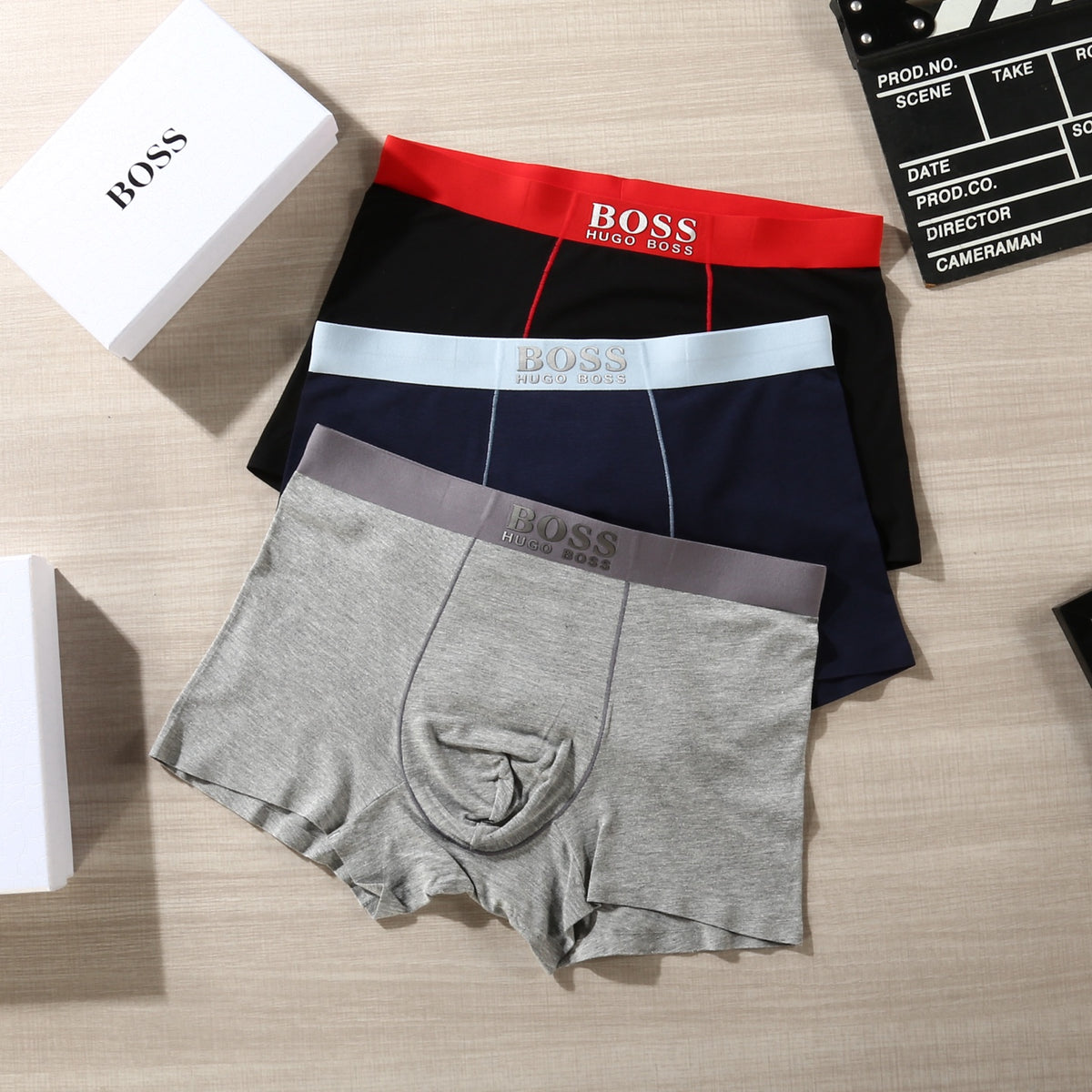 BOSS Black Red Blue Waist Contrast Seam Boxer Briefs, image 3