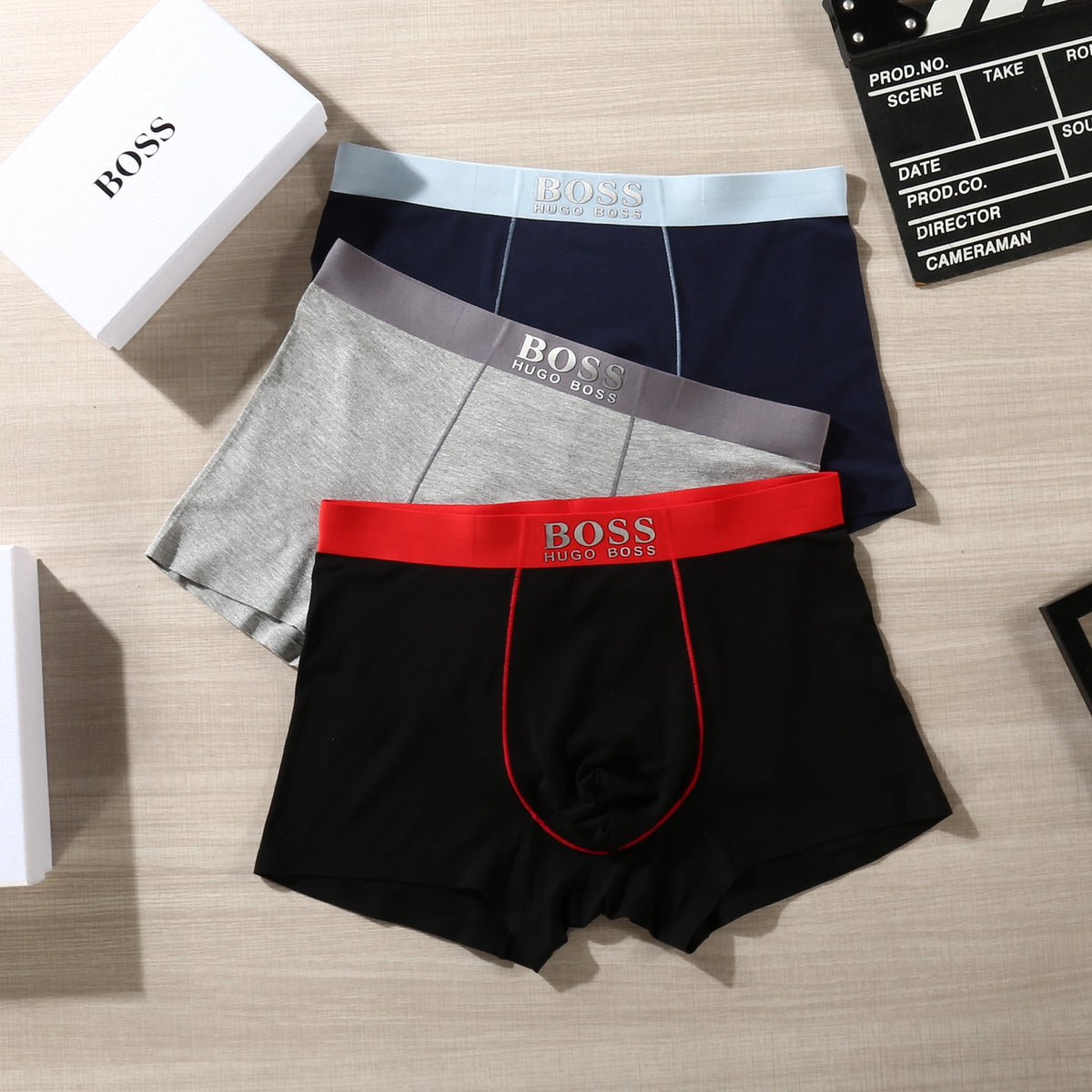 BOSS Black Red Blue Waist Contrast Seam Boxer Briefs, image 4