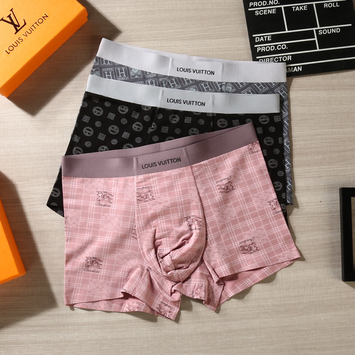 Louis Vuitton Grey Pink White Dense Geometric Print Boxer Briefs, image 4