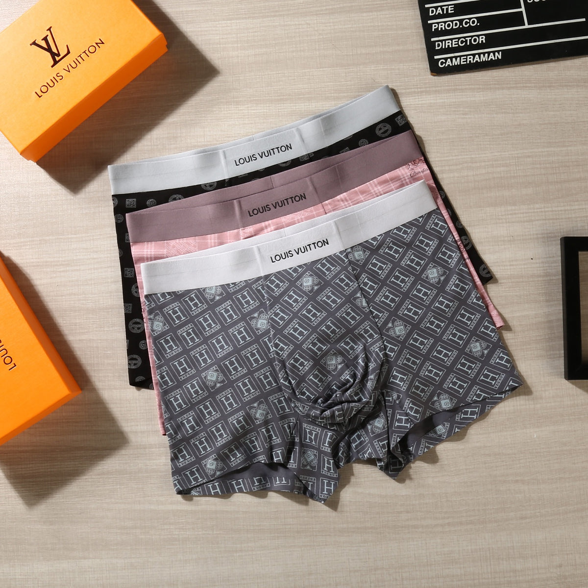 Louis Vuitton Grey Pink White Dense Geometric Print Boxer Briefs, image 1