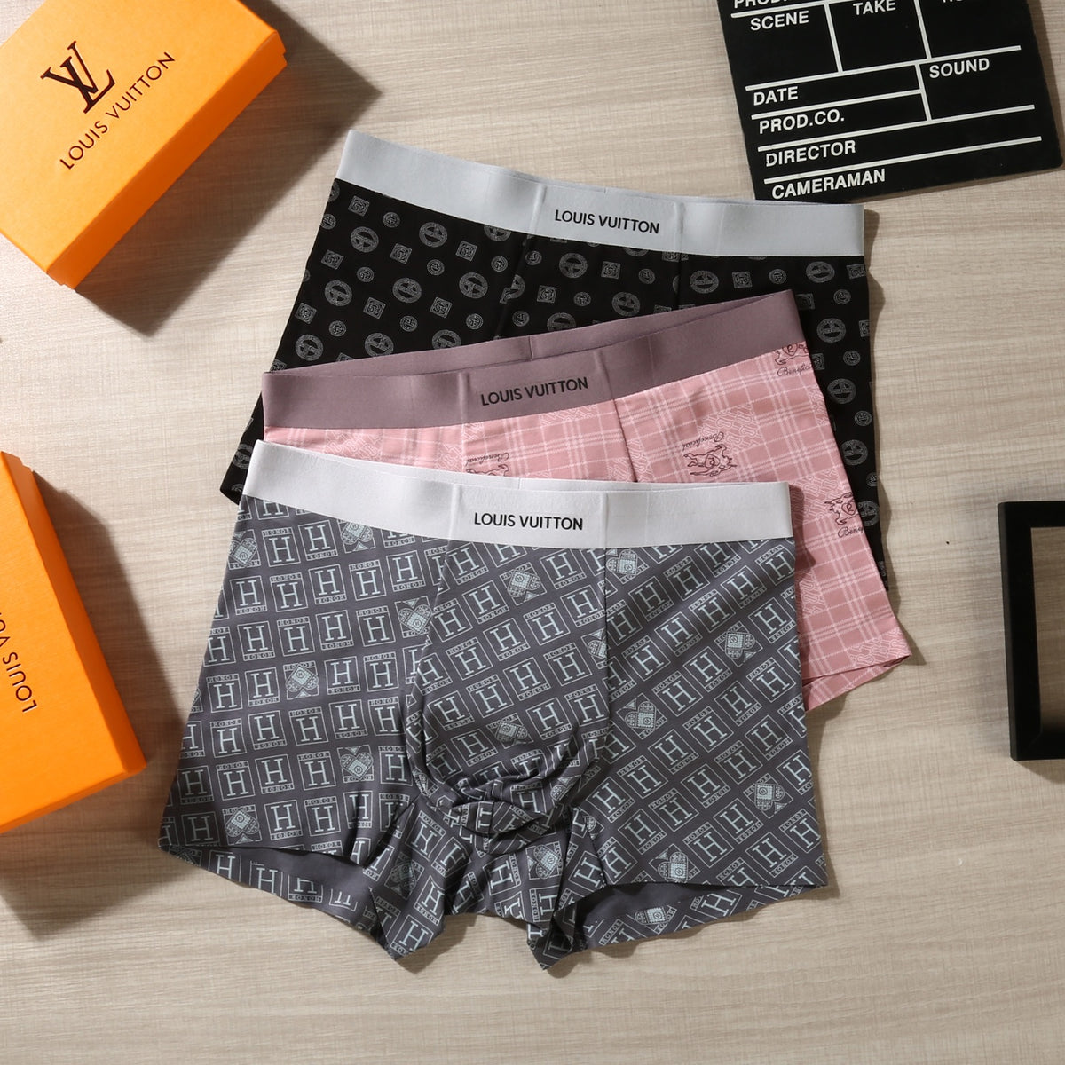 Louis Vuitton Grey Pink White Dense Geometric Print Boxer Briefs, image 3