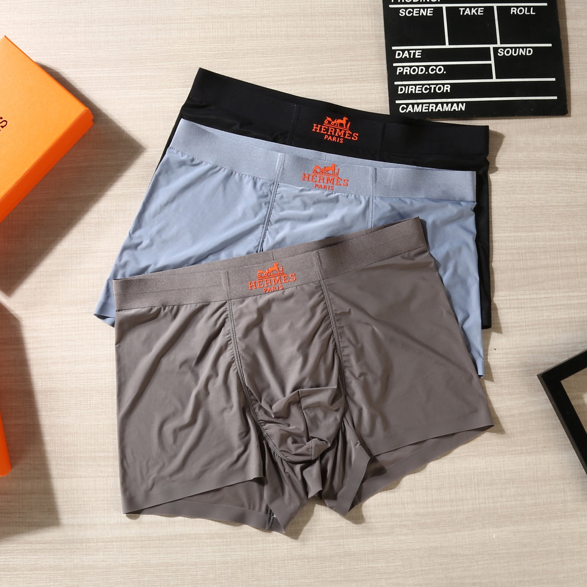 Hermès Black Grey Blue Small Orange Waist Motif Boxer Briefs, image 4