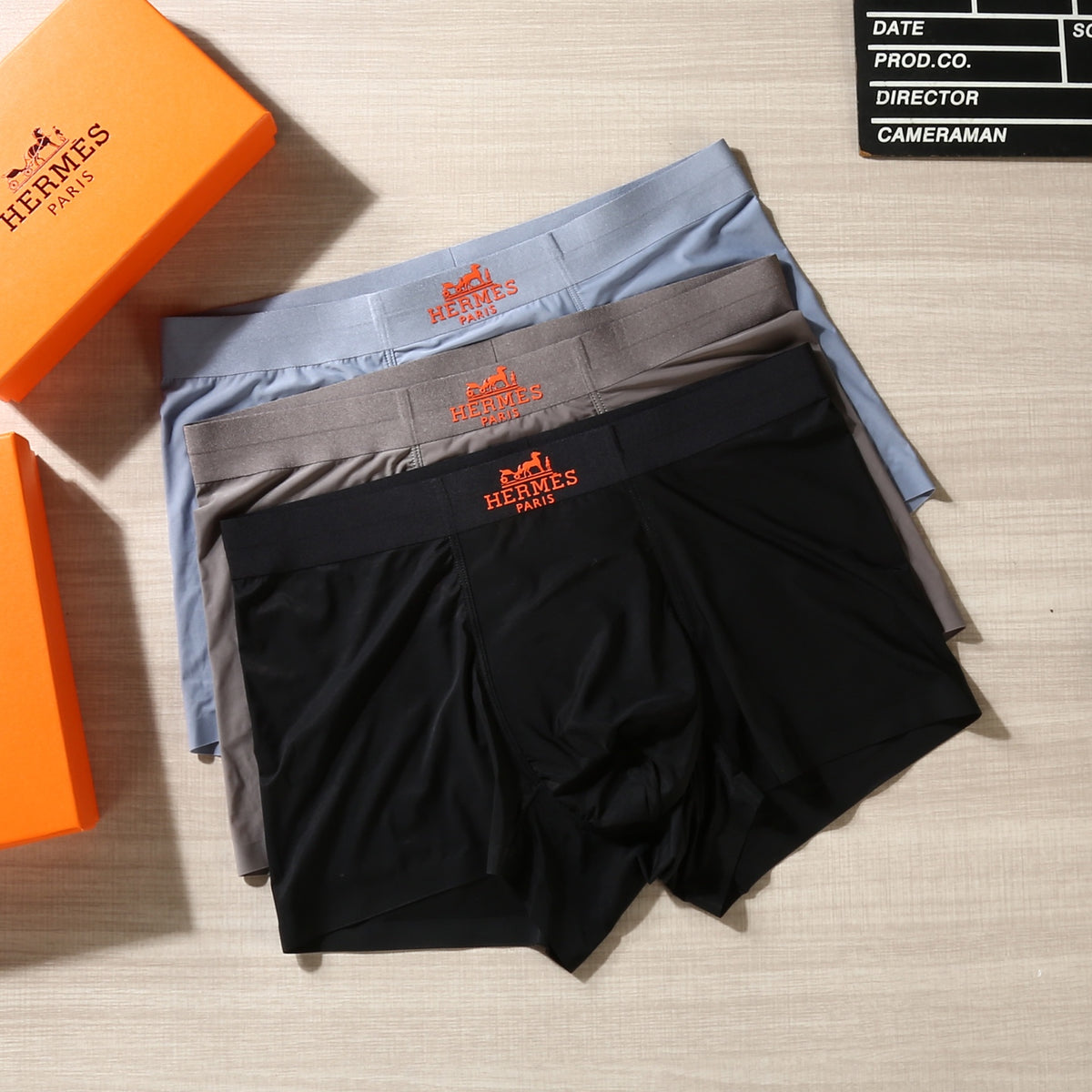Hermès Black Grey Blue Small Orange Waist Motif Boxer Briefs, image 1