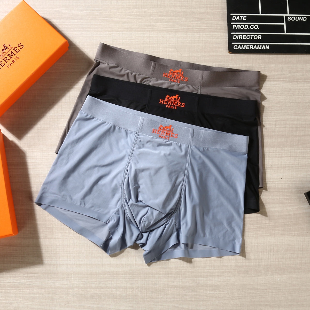 Hermès Black Grey Blue Small Orange Waist Motif Boxer Briefs, image 2