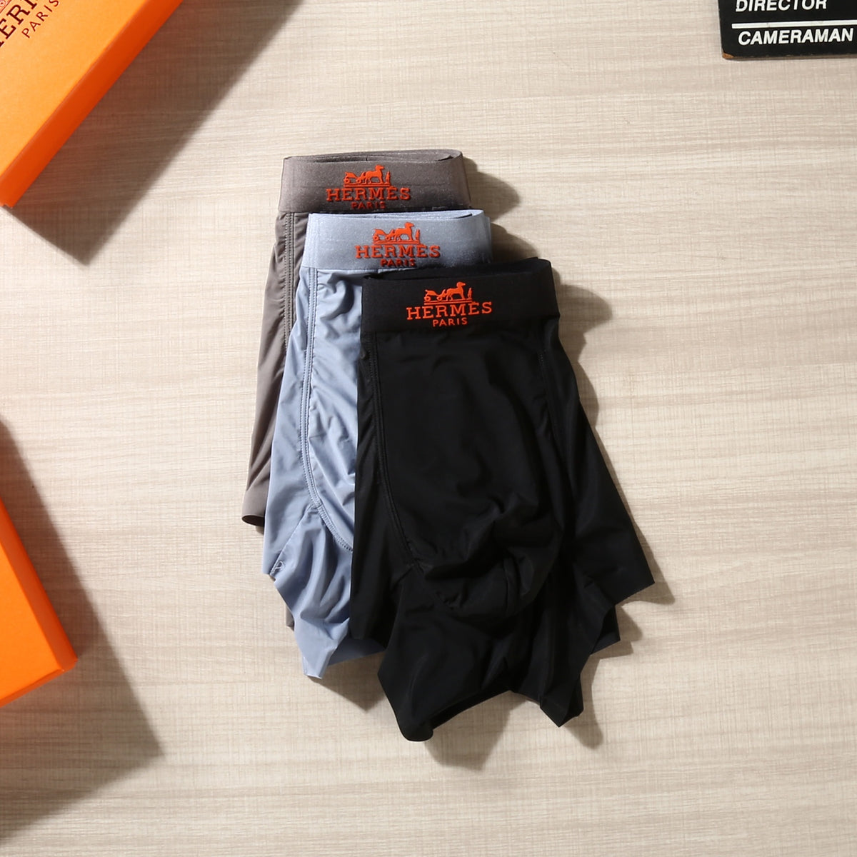 Hermès Black Grey Blue Small Orange Waist Motif Boxer Briefs, image 5