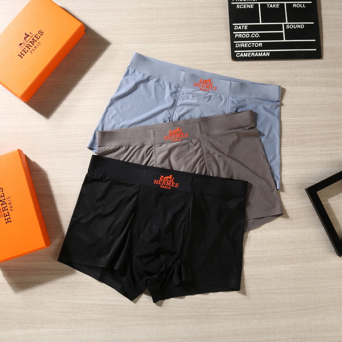 Hermès Black Grey Blue Small Orange Waist Motif Boxer Briefs, image 3