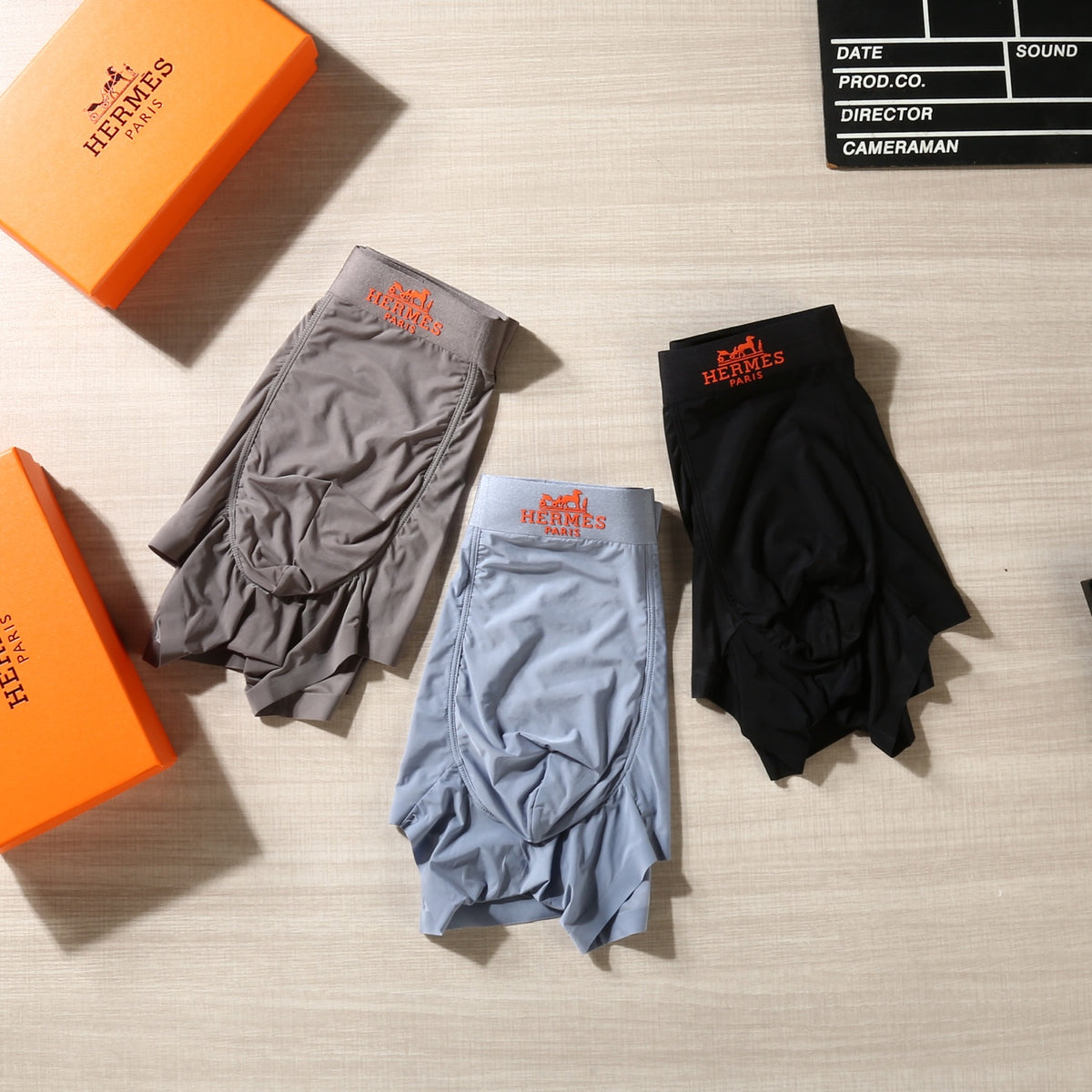Hermès Black Grey Blue Small Orange Waist Motif Boxer Briefs, image 6