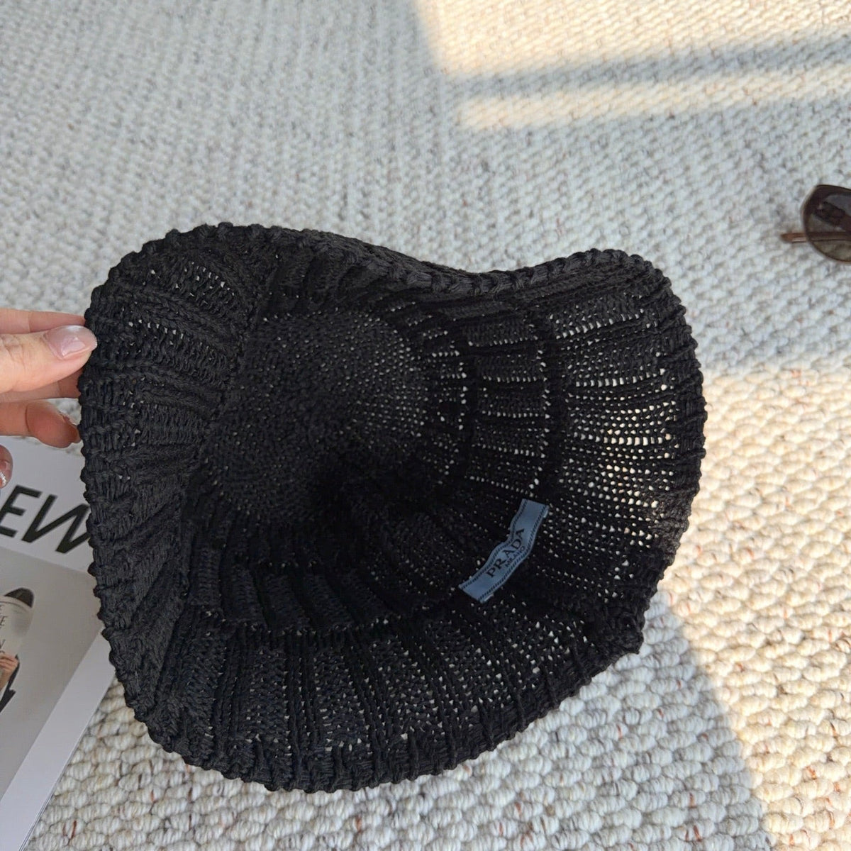 Prada Open Knit Logo Plaque Bucket Hat - image 4