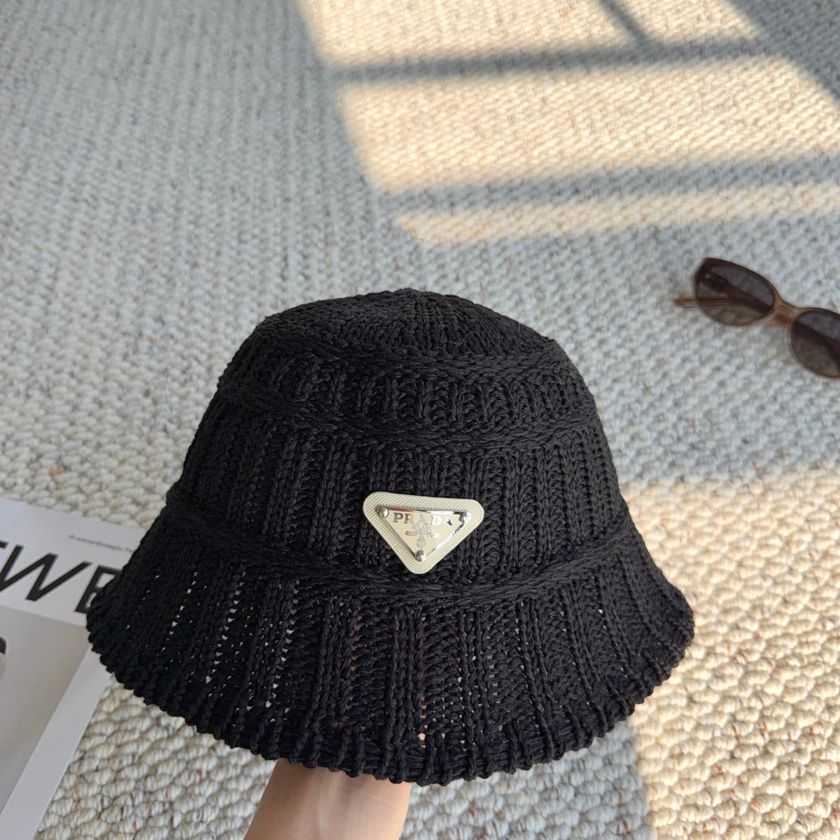 Prada Open Knit Logo Plaque Bucket Hat - image 2