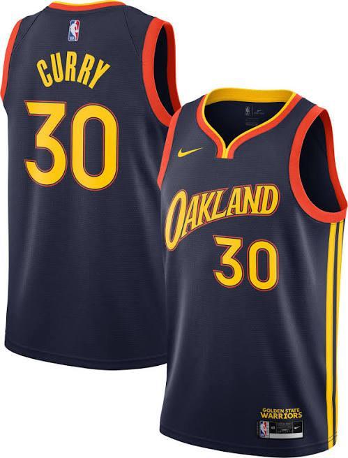 Stephen Curry #30 Golden State Warriors Navy 2020-21 "Oakland" City Edition "The Town" Gold Script Swingman Jersey - Men's & Youth Sizes