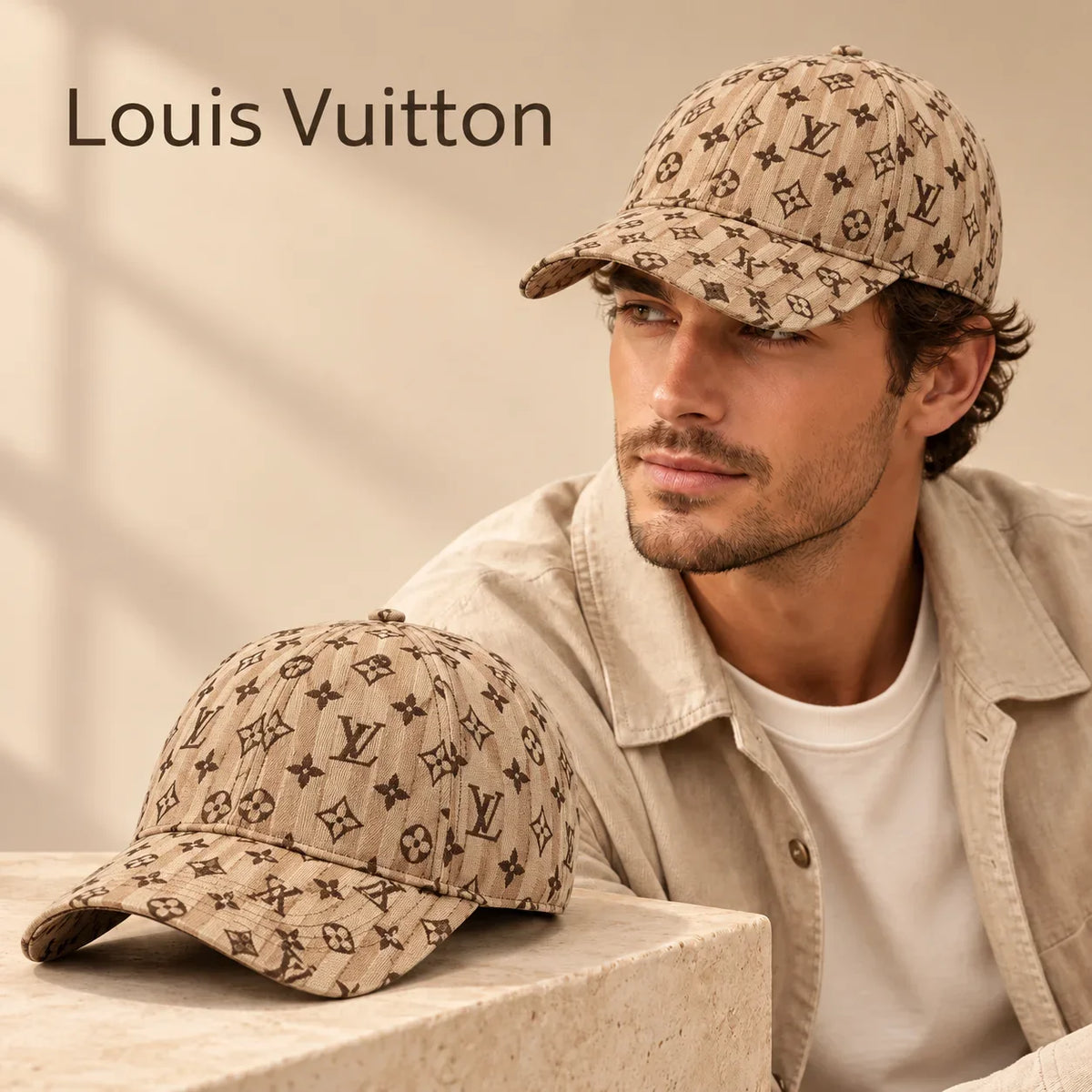 Louis Vuitton Baseball Cap worn by a model with matching hat close-up