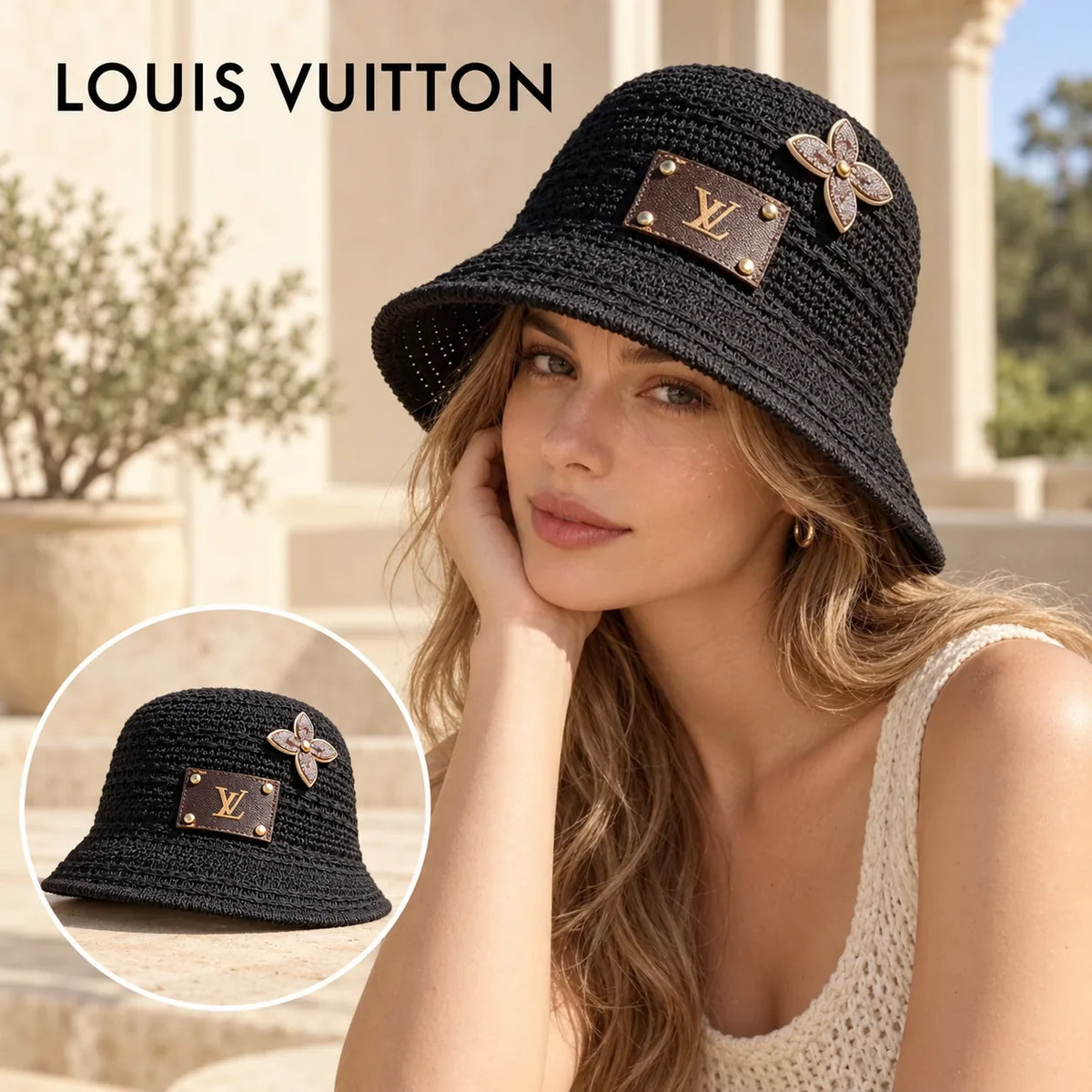 Louis Vuitton Louis Vuitton Woven Open Knit Bucket Hat worn by a Western model with product detail inset