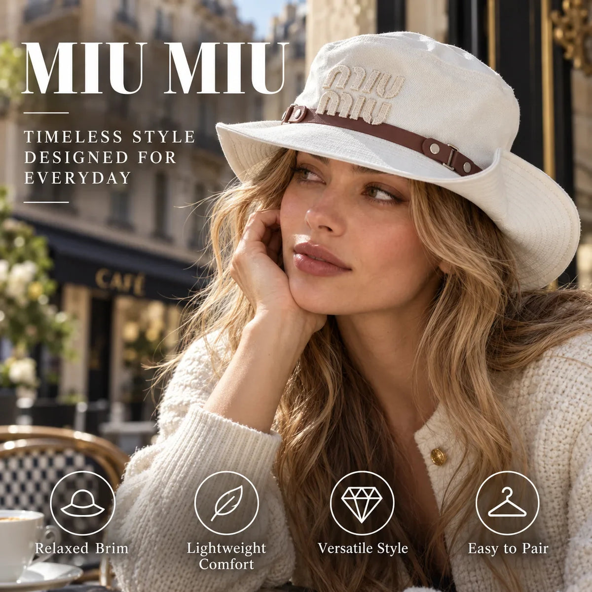 Miu Miu Embroidered Bucket Hat worn in a premium lifestyle setting