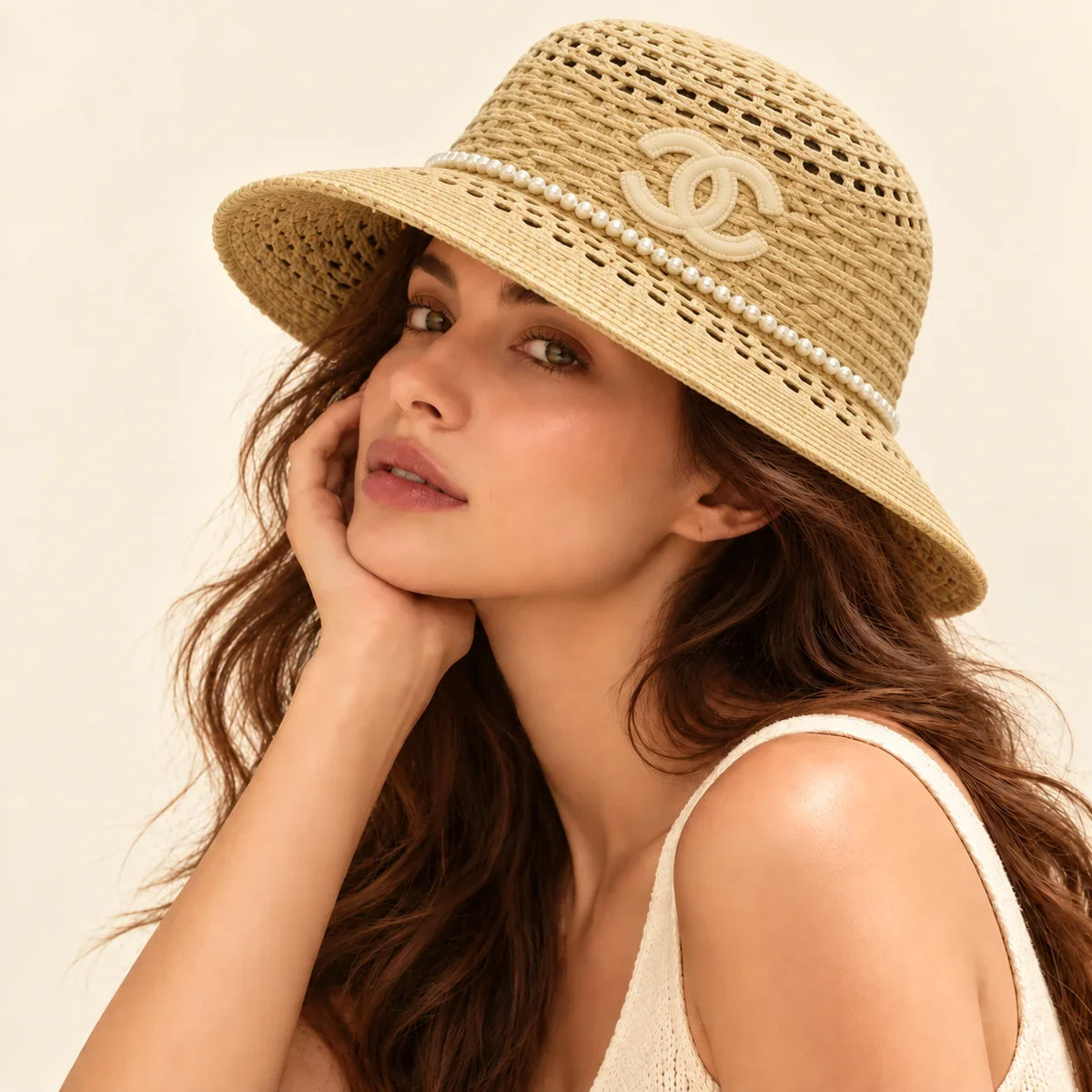 Model wearing Open Knit Hat