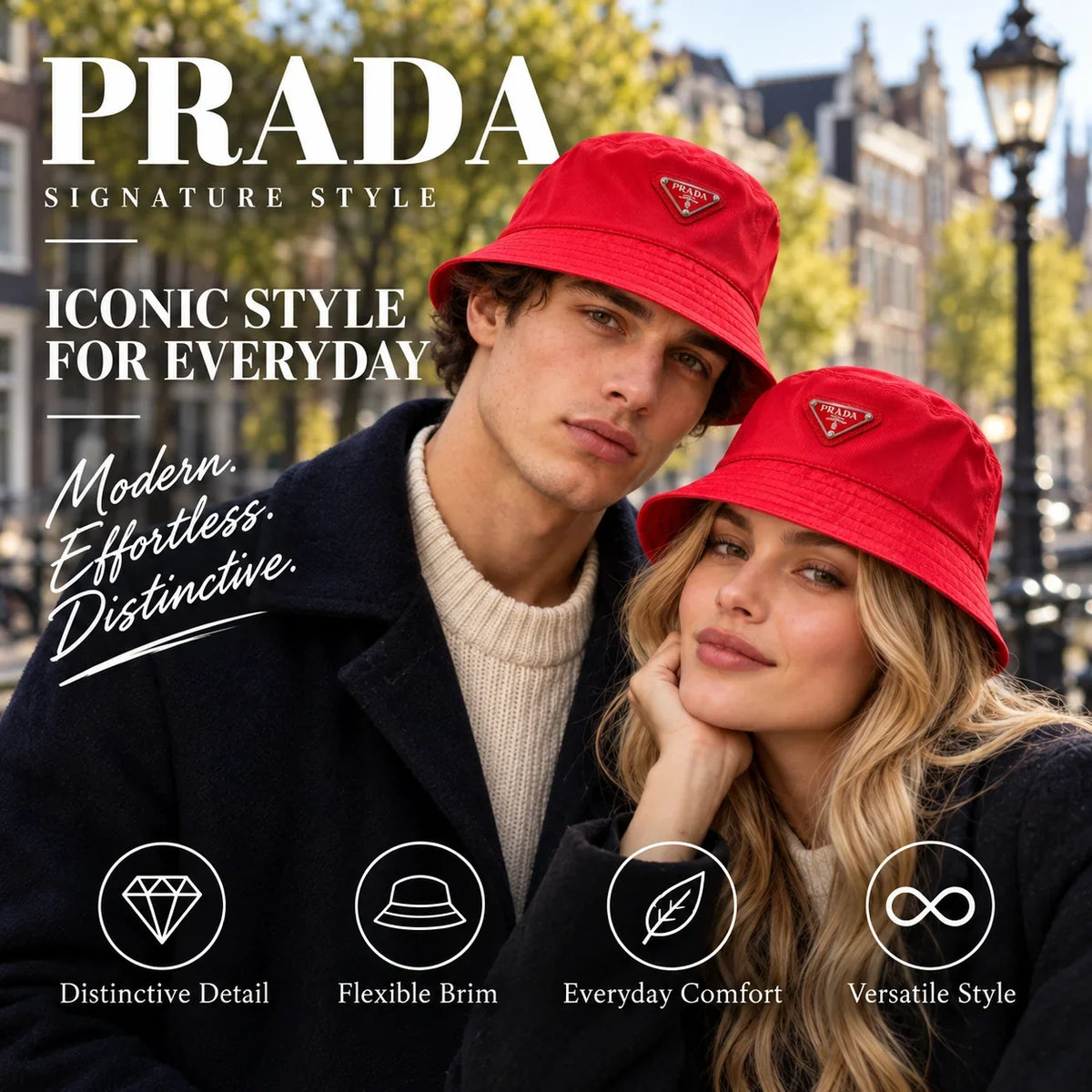 Prada Bucket Hat worn by fashion model in a European street-style setting