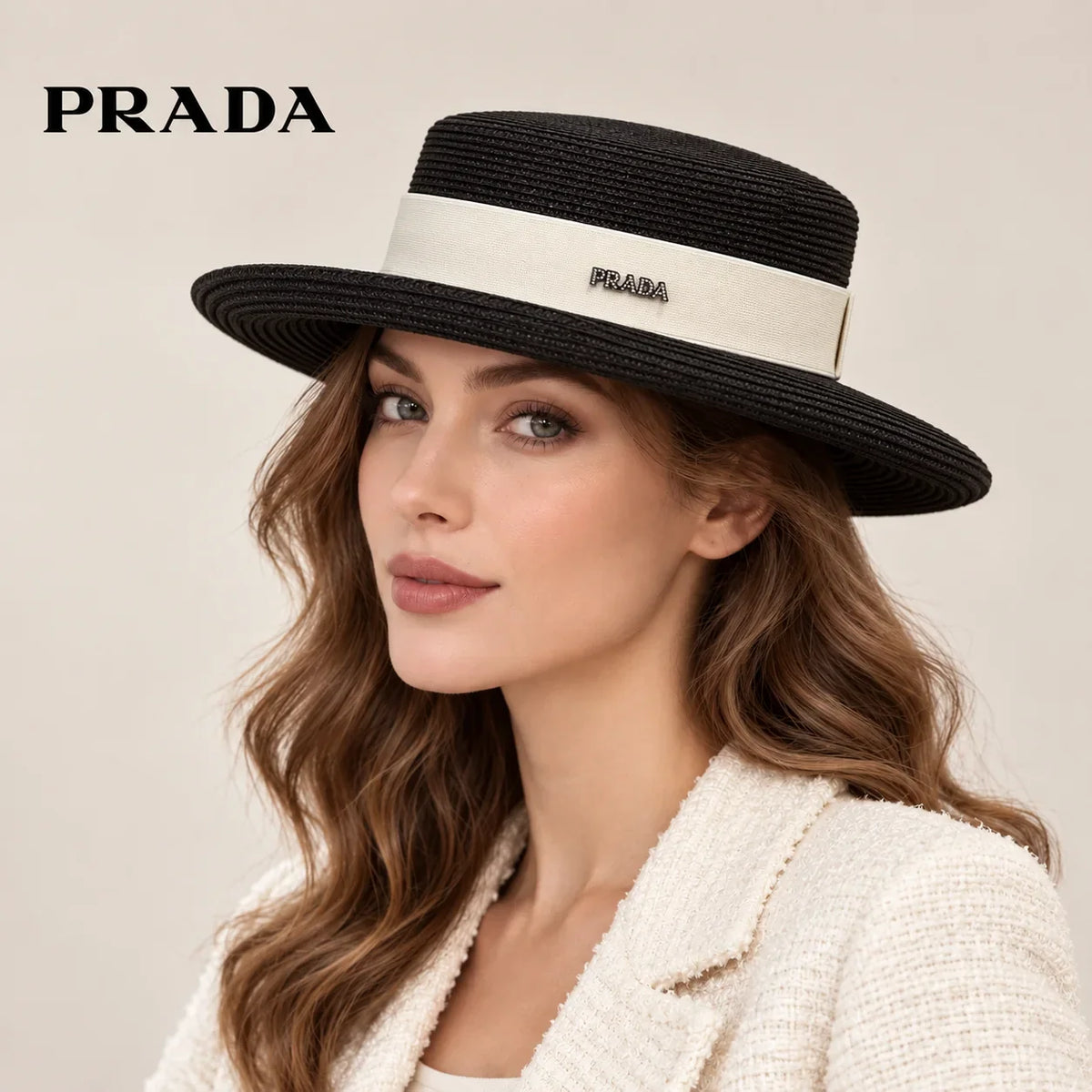 Woman wearing black Prada flat-crown wide-brim hat with ivory band