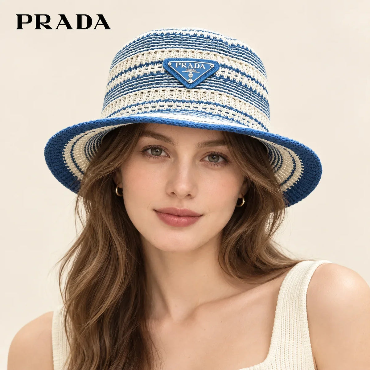 Model wearing prada hat on head