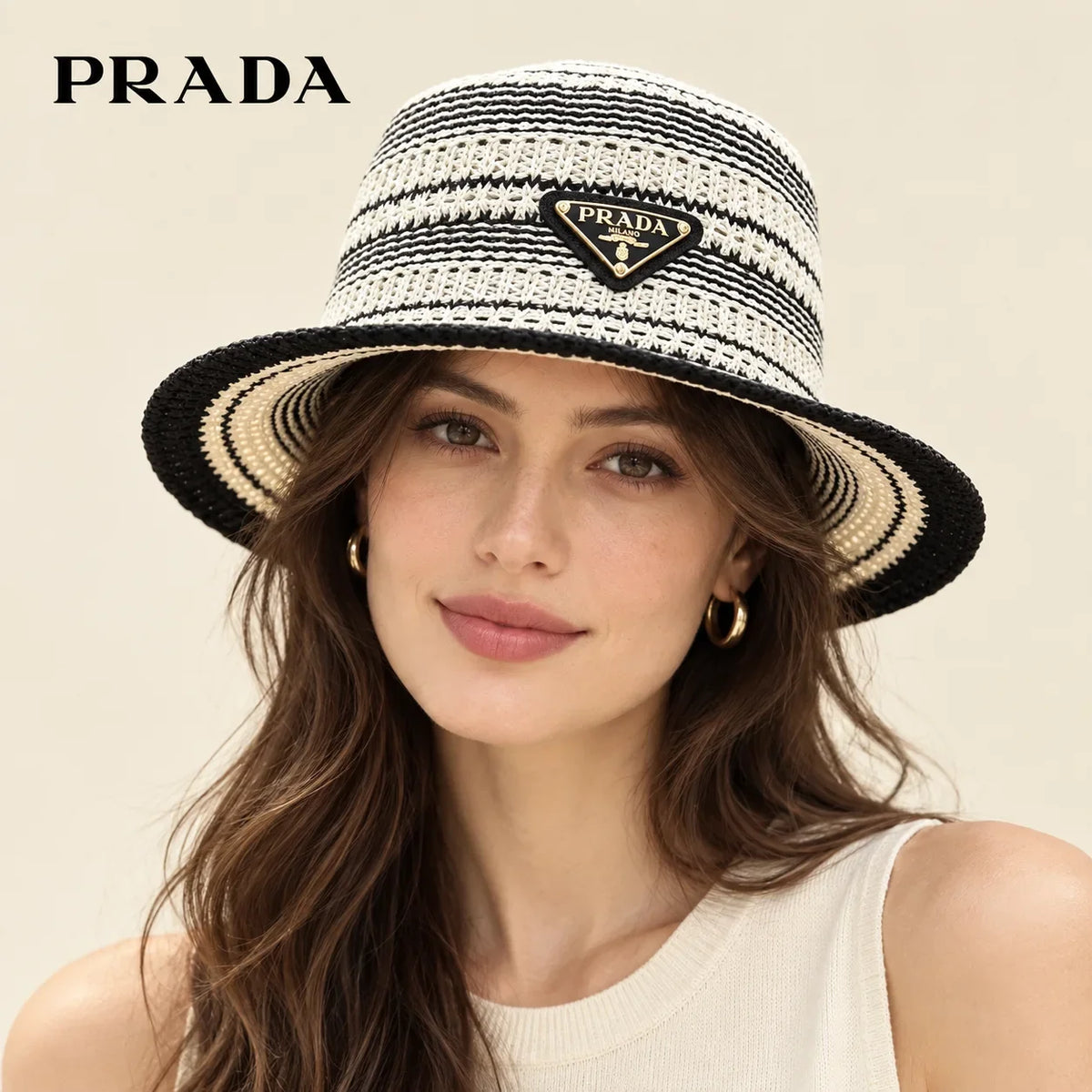 Model wearing prada hat on head