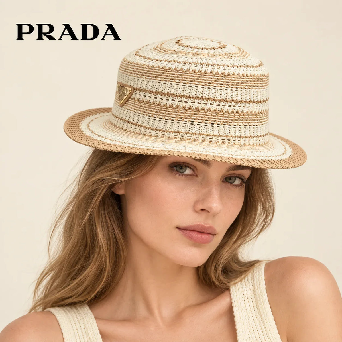 Model wearing prada hat on head