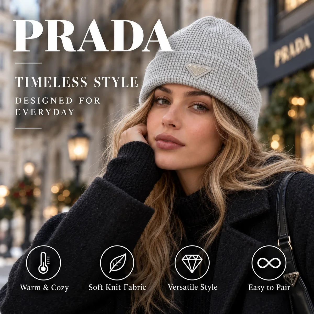 Prada Knit Beanie worn in a premium lifestyle setting