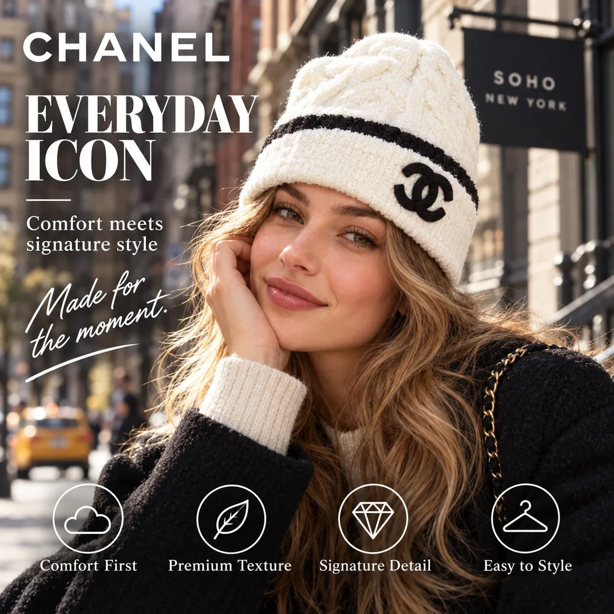 Chanel Cable Knit Plush Beanie worn in a premium lifestyle setting