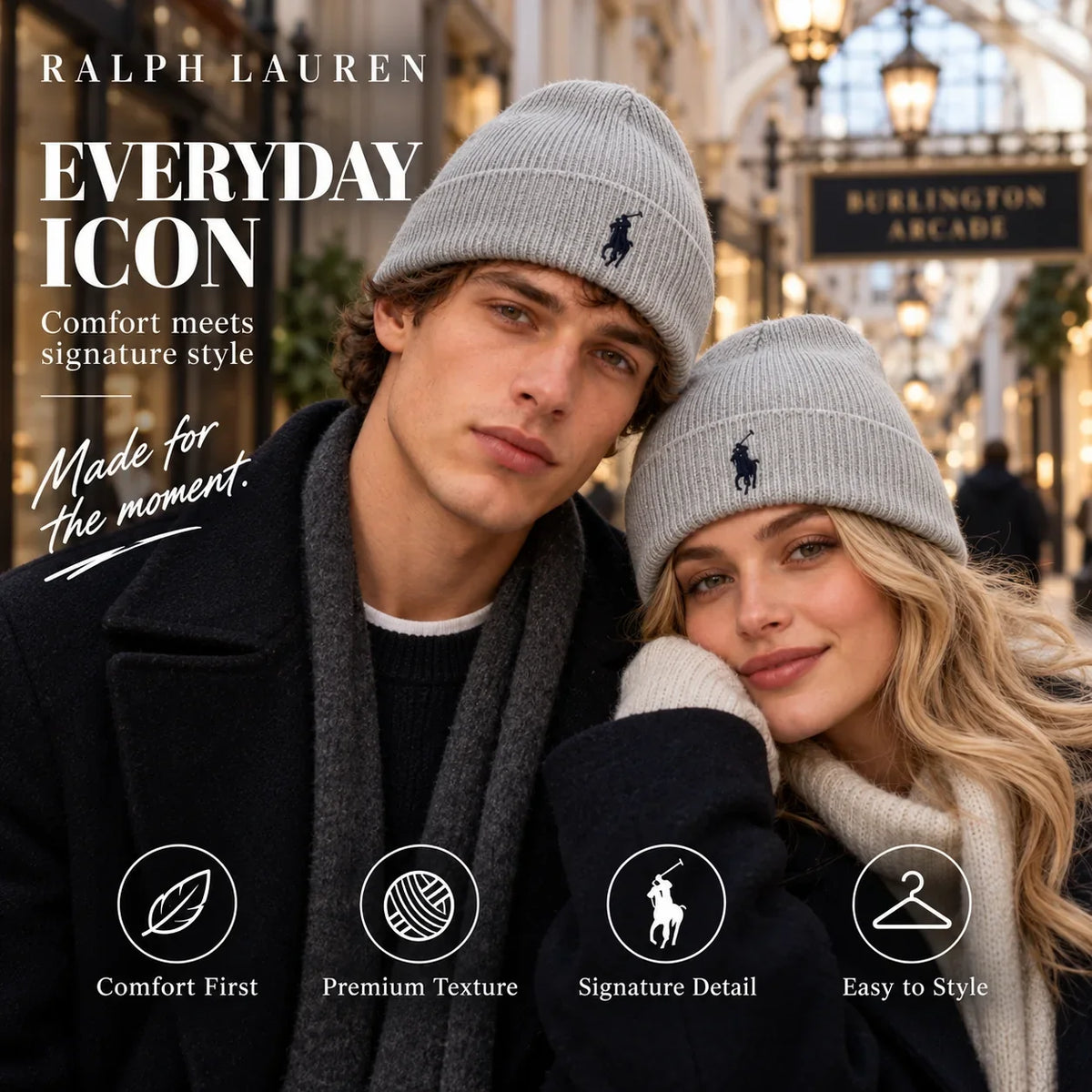 Ralph Lauren Embroidered Beanie worn in a premium lifestyle setting
