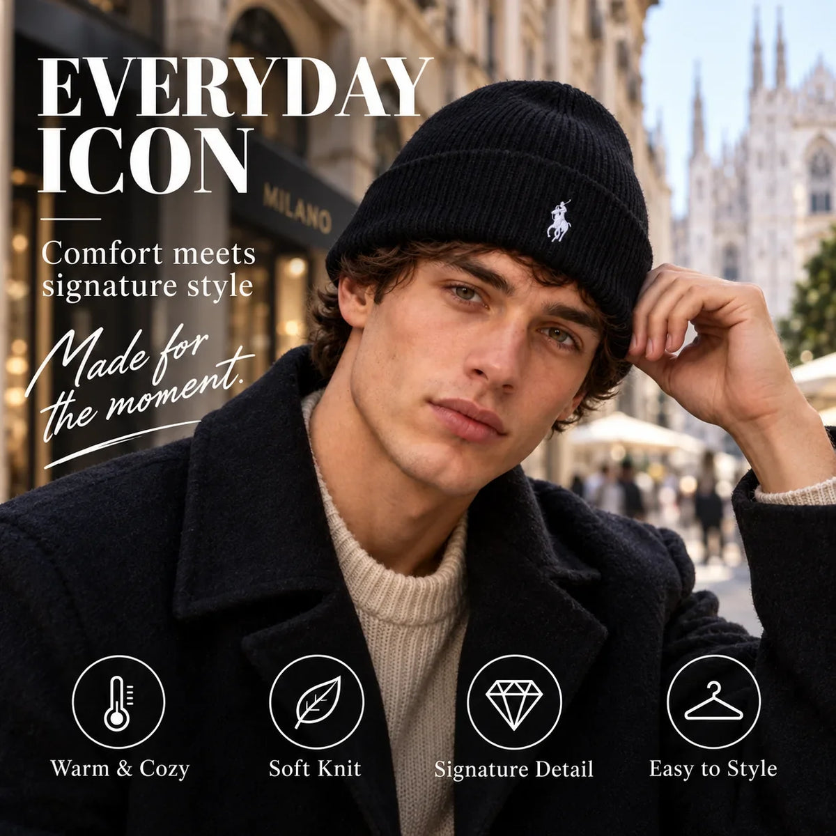 Ralph Lauren Embroidered Beanie worn in a premium lifestyle setting