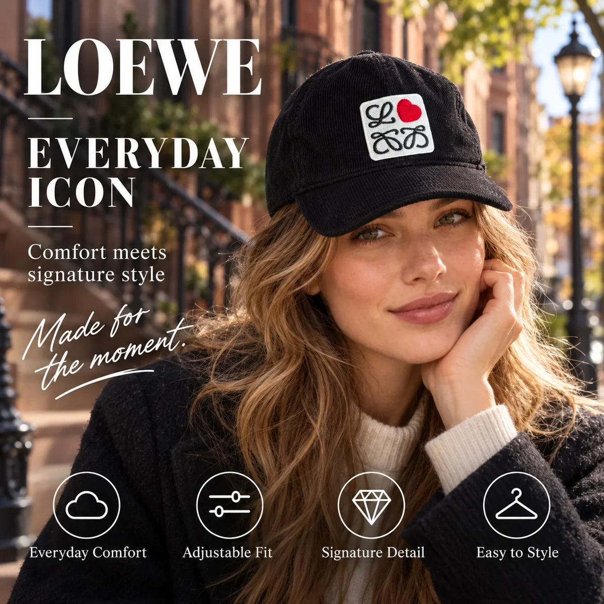 Loewe Corduroy Embroidered Baseball Cap worn in a premium lifestyle setting
