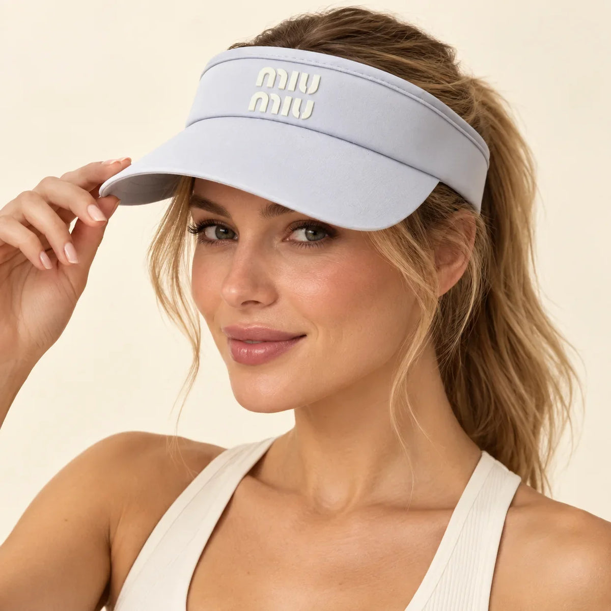 Model wearing visor on head
